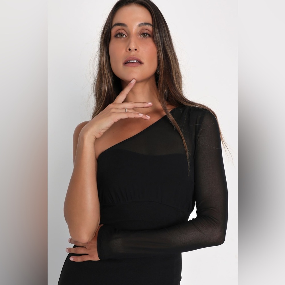 Lulus Stunning Essence One Shoulder Mermaid Maxi Dress Large Black Slit Mesh NWT - Picture 3 of 12
